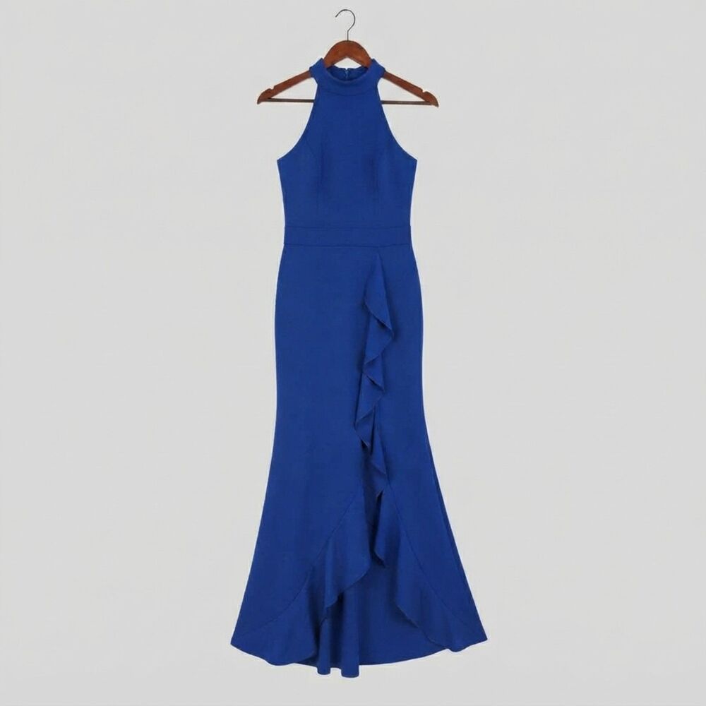 WOOSEA Royal Blue Halter Bodycon Mermaid Maxi Dress Split Ruffle Hem Small